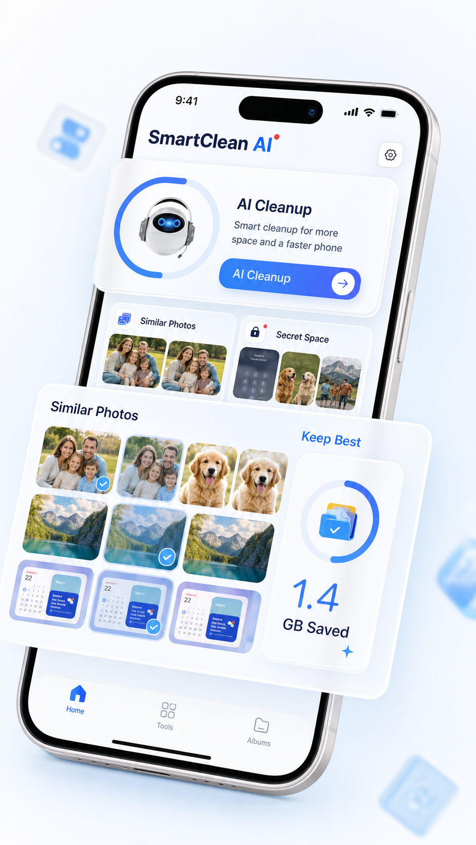 SmartClean AI screen showing AI cleanup and Similar Photos